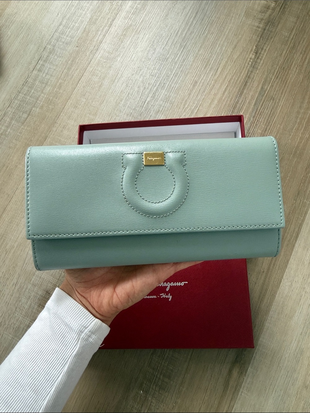 Salvatore Ferragamo Mint Green Leather Continental Wallet with Gancini Detail